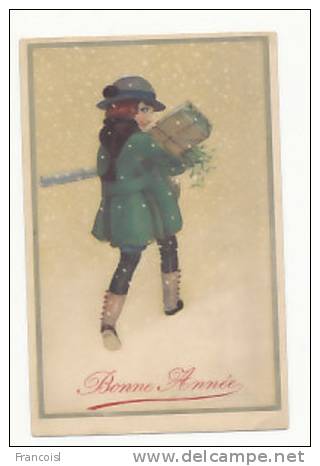 Bonne Année. Petite Fille Dans La Neige, Manchon, Cadeaux, Gui,... Signée Bompard. 1921 - Bompard, S.