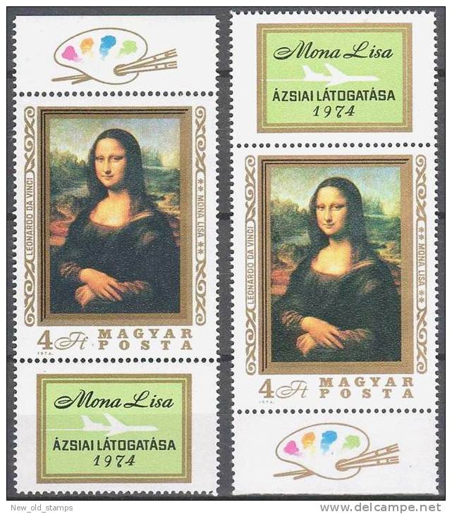 Hungary 1974 Mona Lisa / LOUVRE Sc.#2280 Mnh CV$6.00 Leonardo Da Vinci Painting / 2 Different - Nuovi