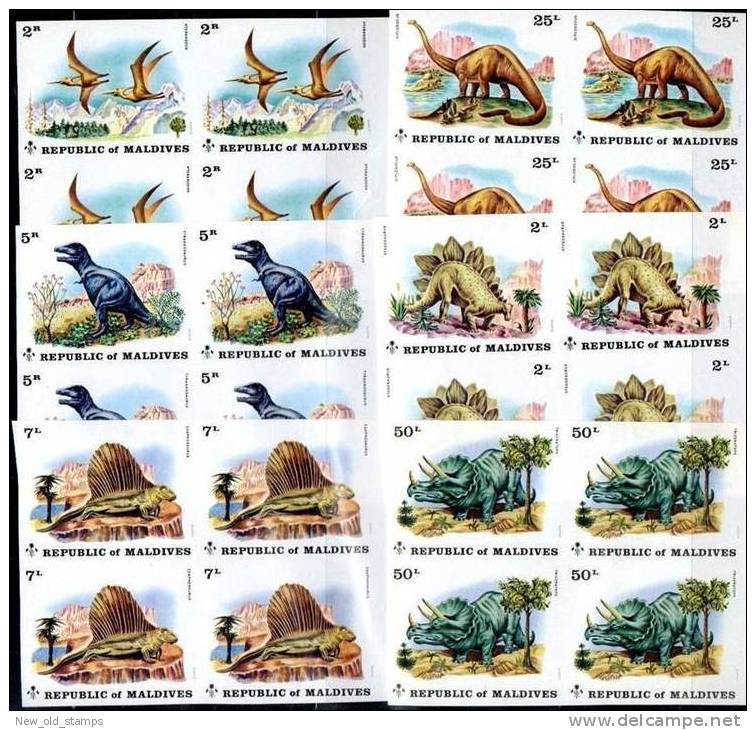 Maldives 1972 Dinosaurs SC#389-94 Imperforated Blocks Of 4 MNH (CV.$97.00  For Perforated) - Fossils