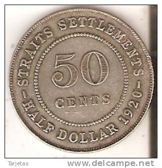 MONEDA DE PLATA DE STRAITS SETTLEMENTS DE 50 CENTS DEL AÑO 1920  (COIN) SILVER-ARGENT - Colonies