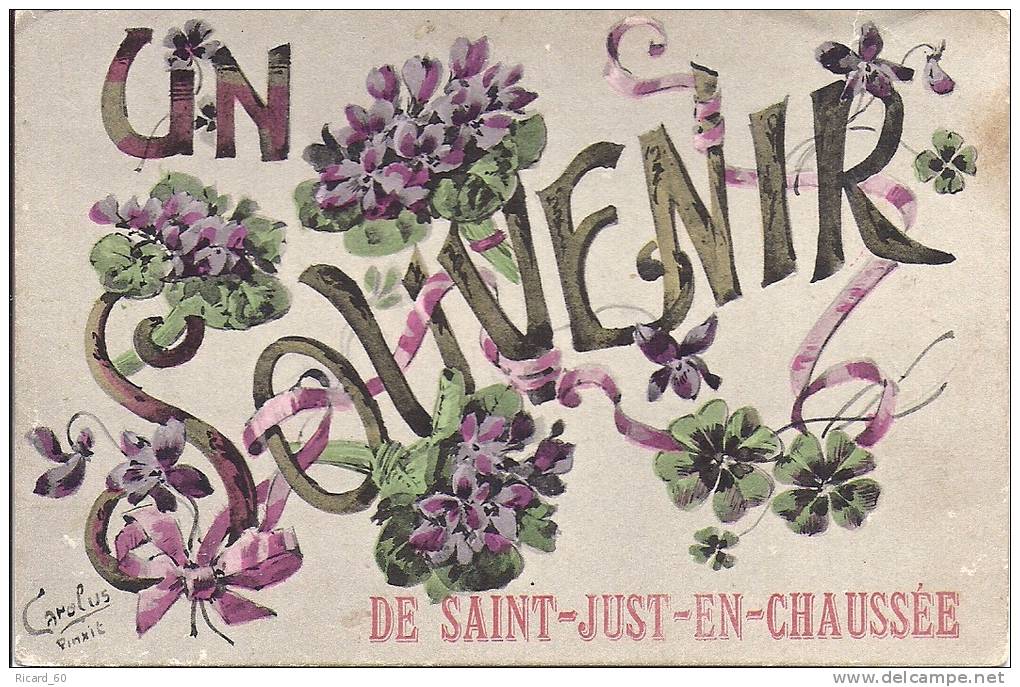 Cpa, Un  Souvenir De St Just En Chaussée, Fleurs, Violettes, Trèfles à Quatre Feuilles - Saint Just En Chaussee