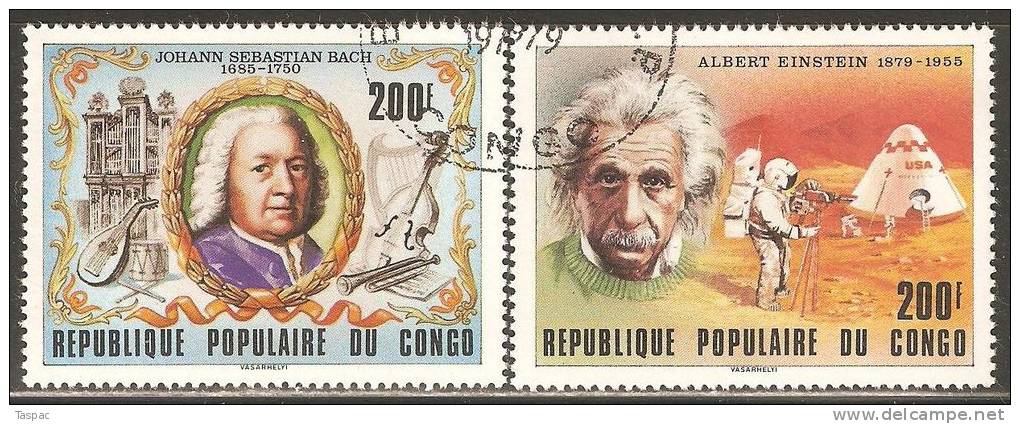 Congo - Brazzaville 1979 Mi# 696-697 Used - Johann Sebastian Bach / Albert Einstein, Astronauts On Moon - Albert Einstein