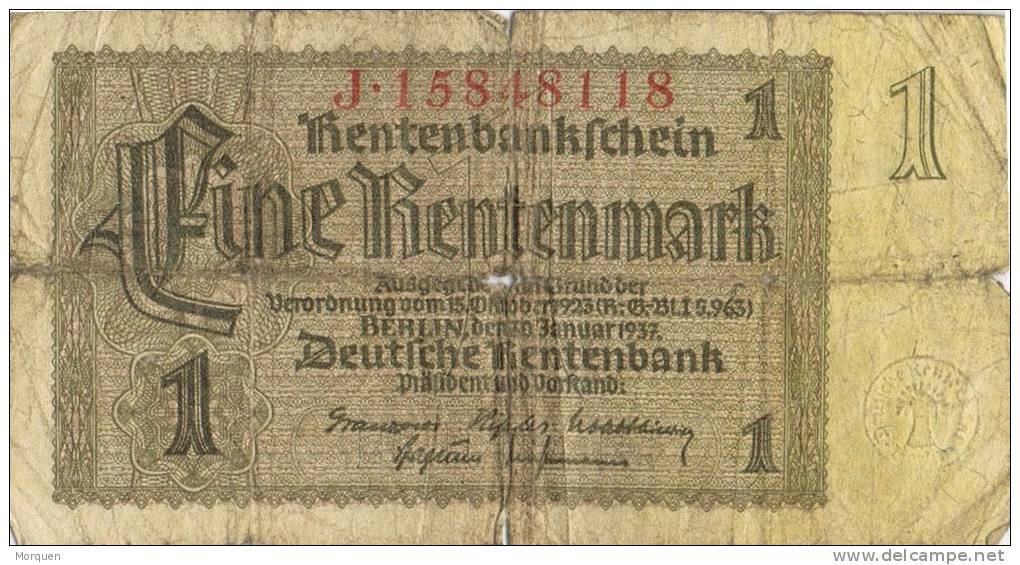 Billete 1 Rentenmark. Alemania Reich 1937 - Autres & Non Classés