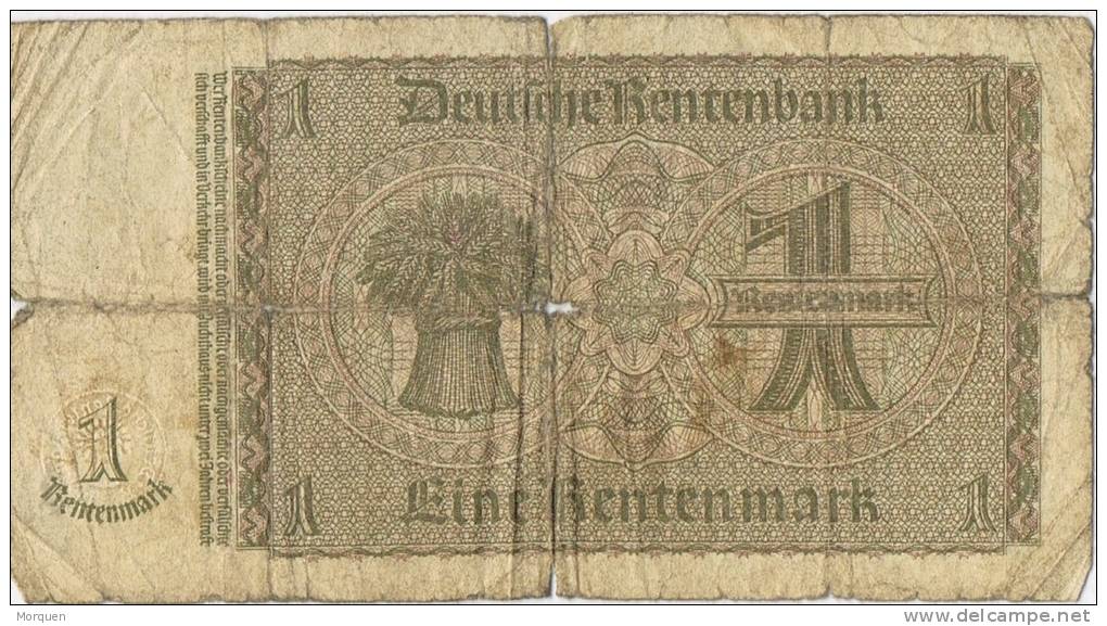 Billete 1 Rentenmark. Alemania Reich 1937 - Andere & Zonder Classificatie