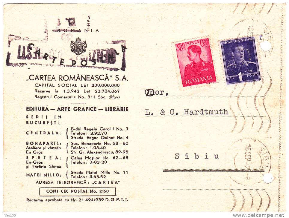 CARTEA ROMANEASCA,1942  VERY RARE PERFIN STAMPS,PRIVAT POSTCARD CENSORED ROMANIA. - Perforadas