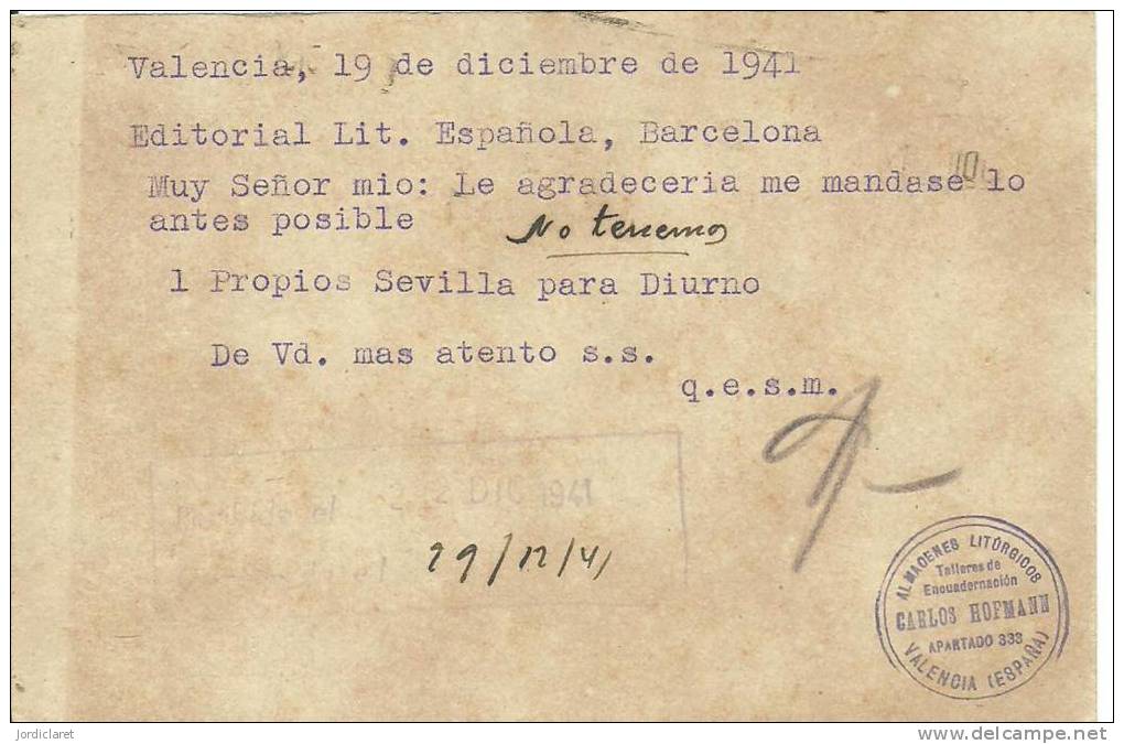 E.POSTAL  VALENCIA  ESCANER DORSO - 1931-....