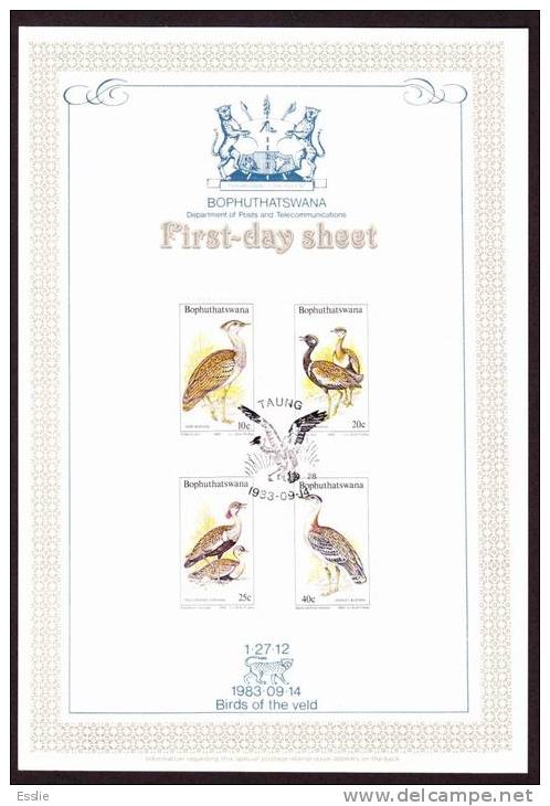 Bophuthatswana - 1983 - Birds Of The Veld - First Day Collectors Sheet - Gallinacées & Faisans