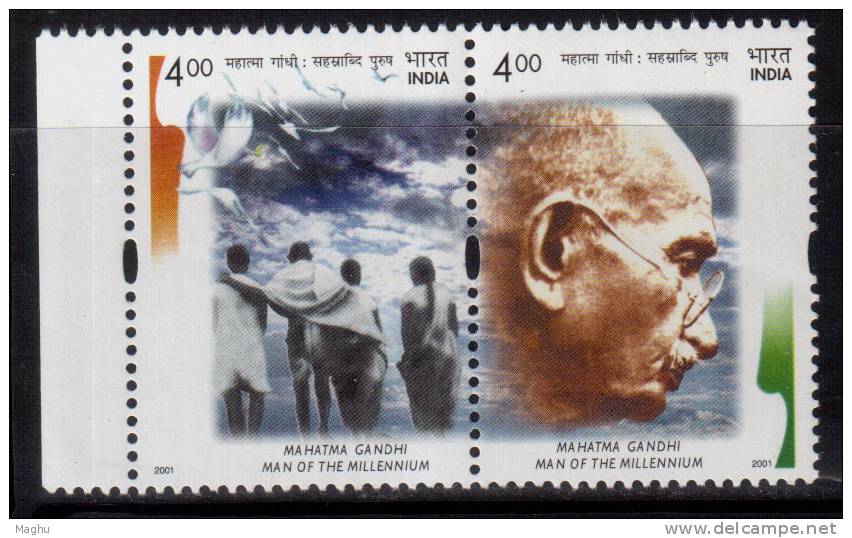 India MNH 2001, Se-tenent Of 2, Gandhi, Man Of Millennium - Nuovi