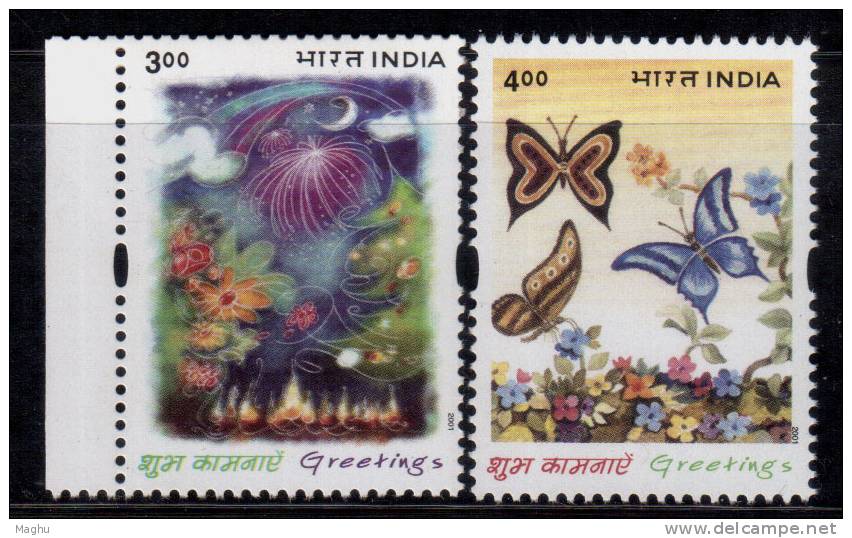 India MNH 2001, Set Of 2, Greetings, Flower, Fireworks, Butterflies, Butterfly, Insect, - Nuevos