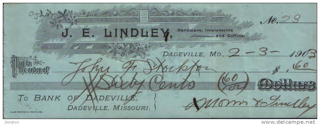 USA-Check (money Order) 1903-Bank Of Dadeville,Missouri - Cheques & Traveler's Cheques
