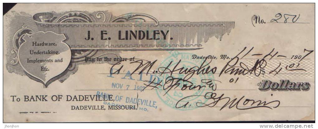 USA-Check (money Order) 1907-Bank Of Dadeville,Missouri J.E.Lindley. - Cheques & Traveler's Cheques