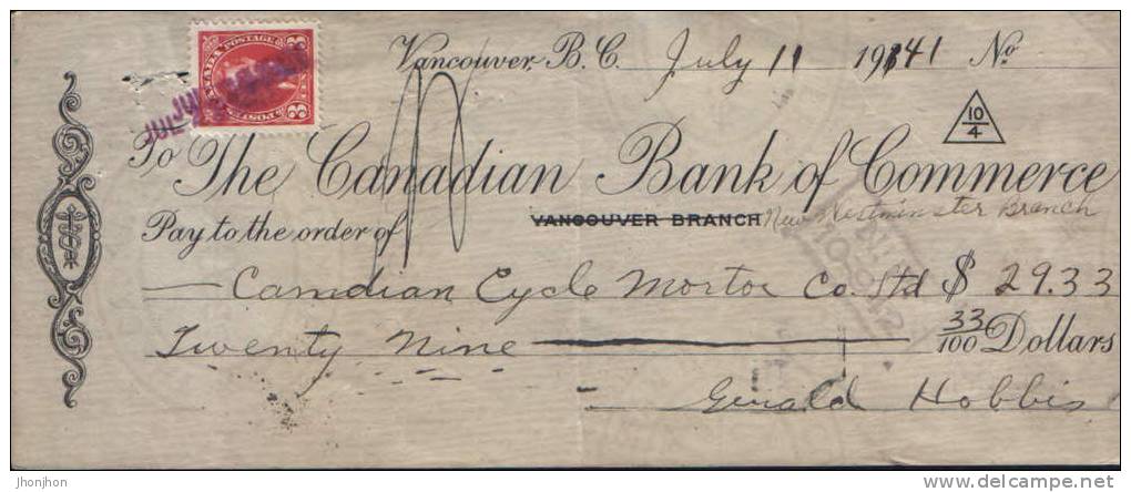 Canada-Check (money Order) 1941-The Canadian Bank Of Commerce Vancouver - Cheques & Traveler's Cheques