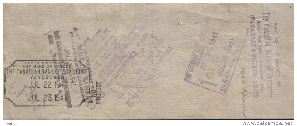 Canada-Check (money Order) 1941-The Canadian Bank Of Commerce Vancouver - Schecks  Und Reiseschecks