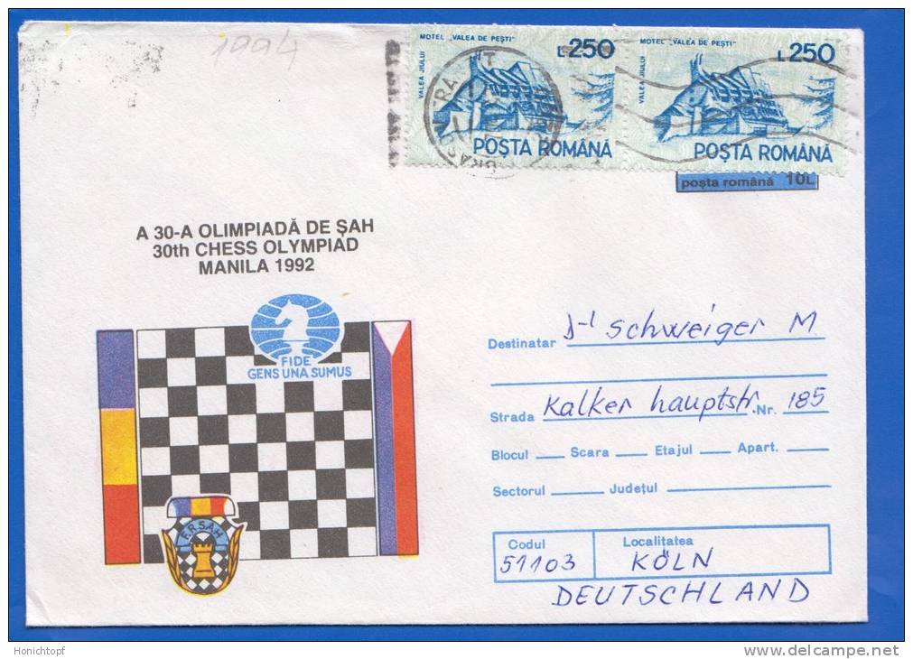 Rumänien; Schach Chess; Brief Manila 1992; Inflamarken - Schach