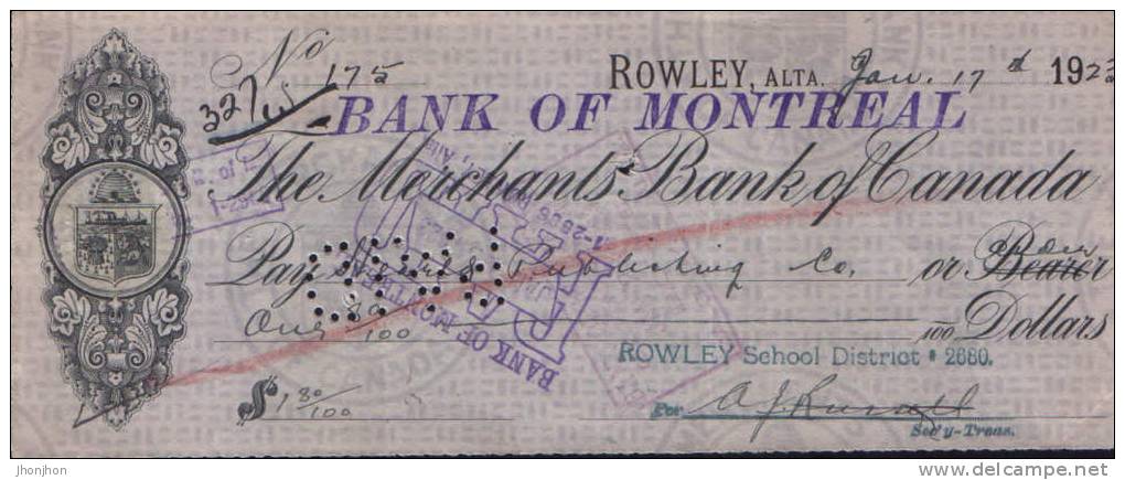 Canada-Check (money Order) 1923-The Merchants Bank Of Montreal - Schecks  Und Reiseschecks