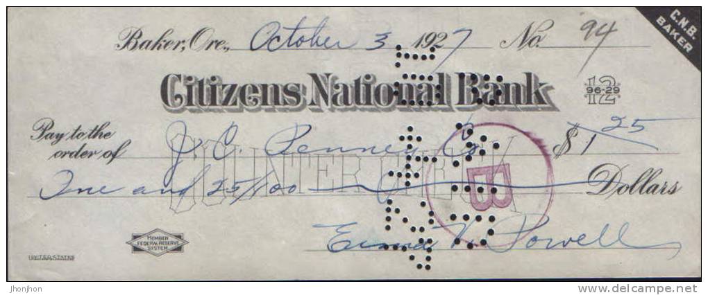 USA-Check (money Order) 1927- Citizens National Bank Baker - Chèques & Chèques De Voyage