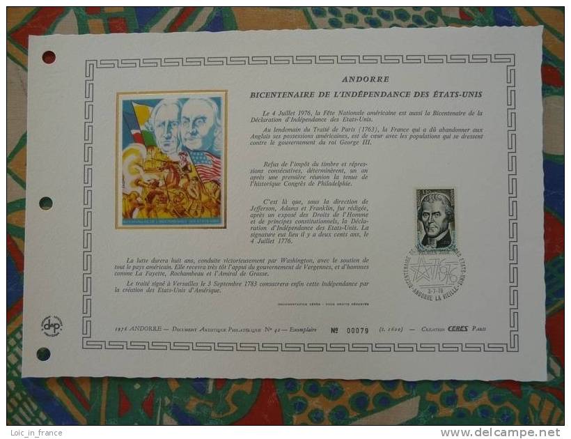 Feuillet Ceres Andorre N° 42 American Independance Thomas Jefferson - American Indians