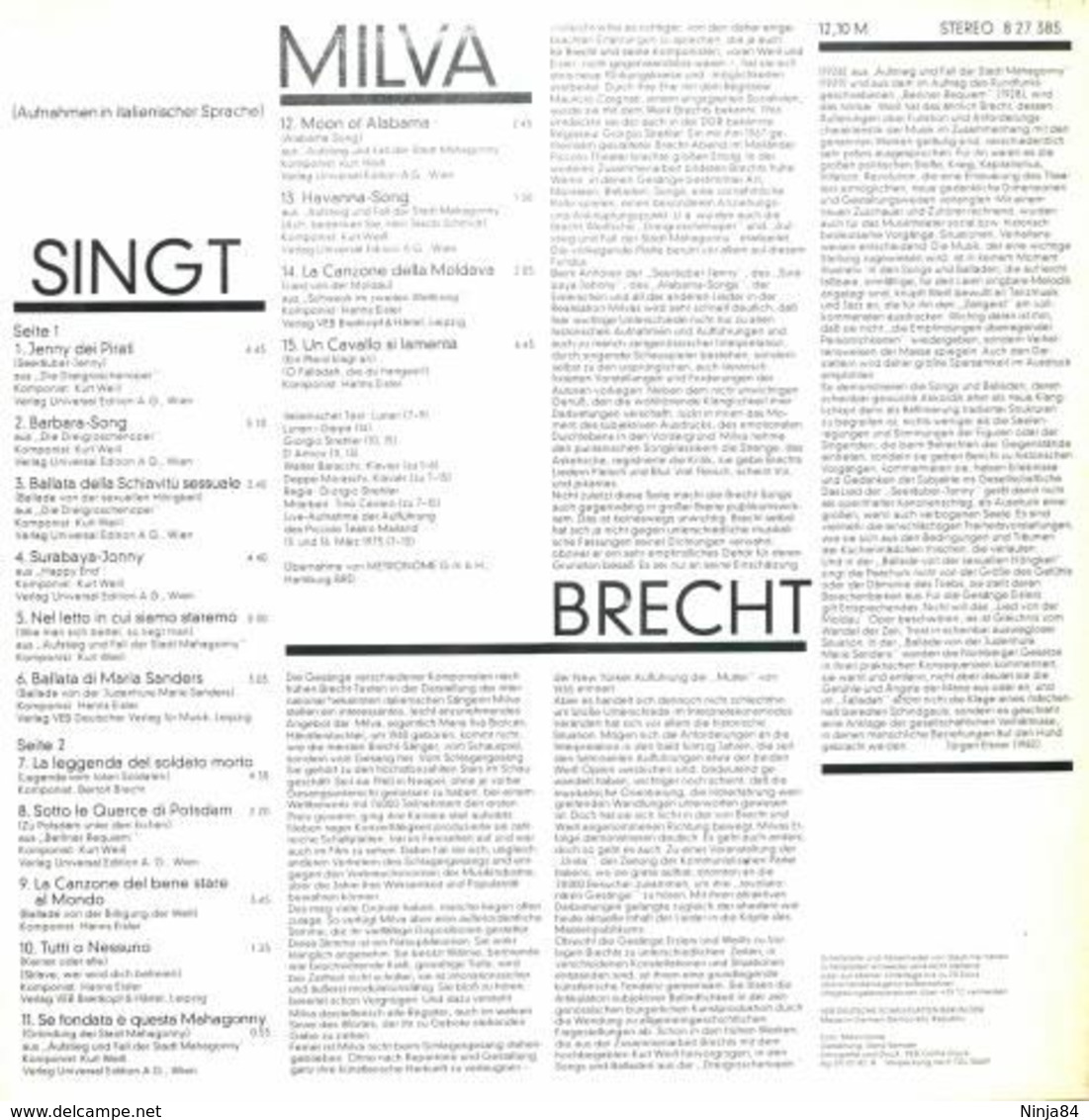 LP 33 RPM (12")  Milva  "  Singt Brecht  "  Allemagne - Autres - Musique Italienne