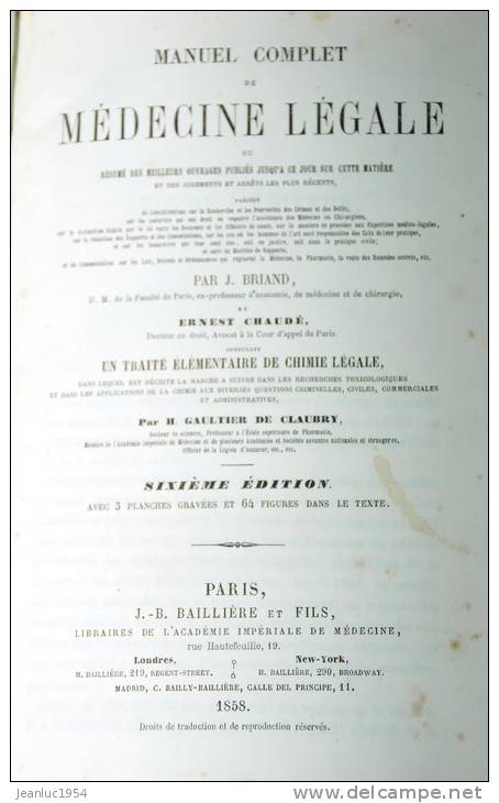 LA MEDECINE LEGALE PAR BRIAND ET CHAUDE EN 1858 - Encyclopédies