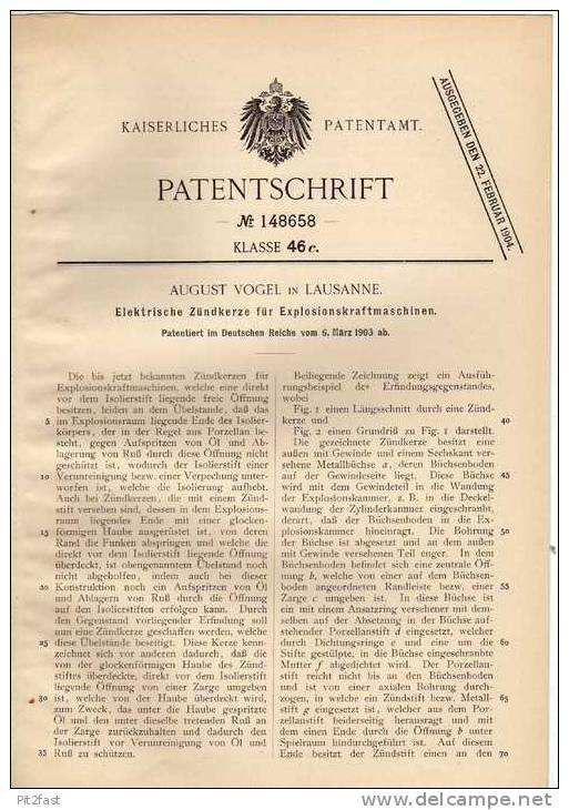 Original Patentschrift - A. Vogel In Lausanne , 1903 , Zündkerze Für Motoren , Automobile !!! - Voitures