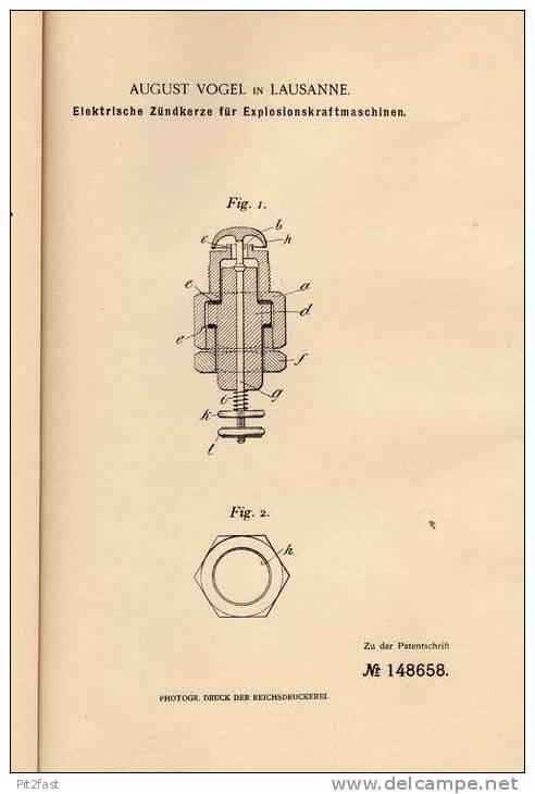 Original Patentschrift - A. Vogel In Lausanne , 1903 , Zündkerze Für Motoren , Automobile !!! - Voitures