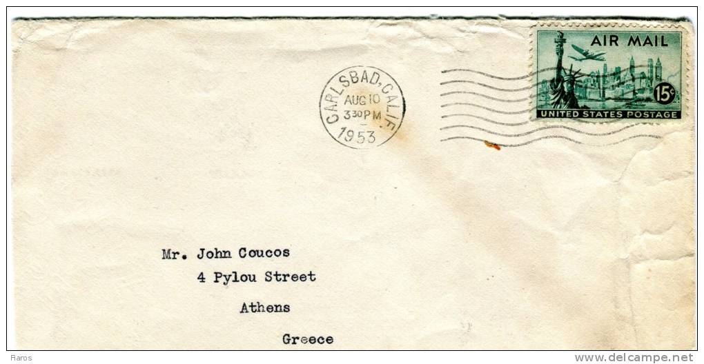 United States- Air Mail Cover- Posted From Carlsbad-California [canc.10.8.1953, Arr.14.8.1953] To Athens-Greece - 2c. 1941-1960 Briefe U. Dokumente