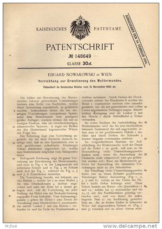 Original Patentschrift - E. Nowakowski In Wien , 1902 , Muttermund - Erweiterungsapparat , Frauenarzt , Hebamme , Arzt ! - Antike Werkzeuge