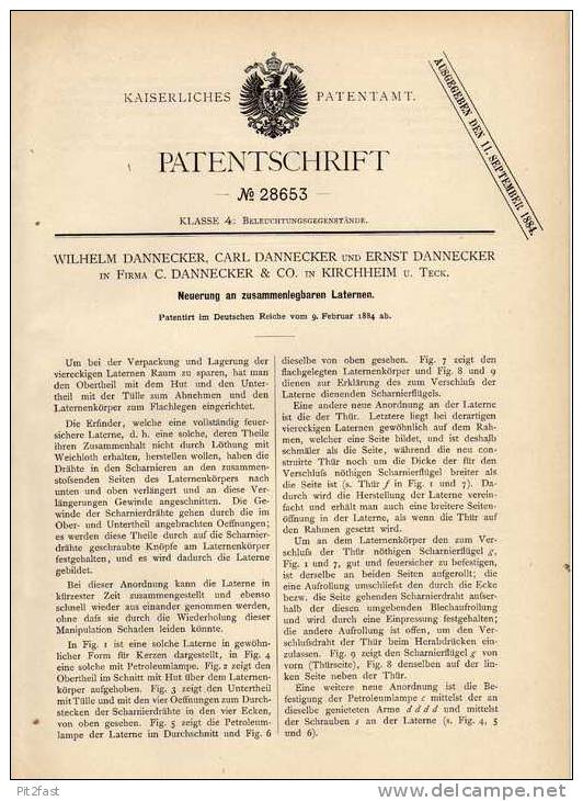 Original Patentschrift - C. Dannecker In Kirchheim U. Teck , 1884 , Zusammenlegbare Laterne , Lampe !!! - Leuchten & Kronleuchter