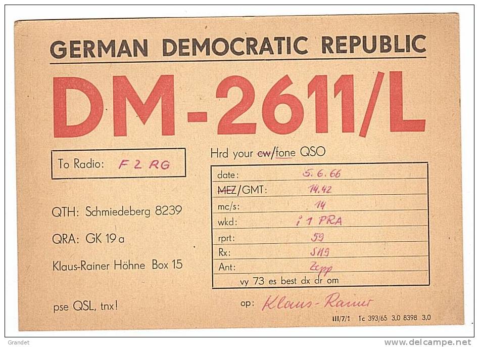 CARTE RADIO QSL - ALLEMAGNE - DEUTSCHLAND - SCHMIEDEBERG  - 1966. - Amateurfunk