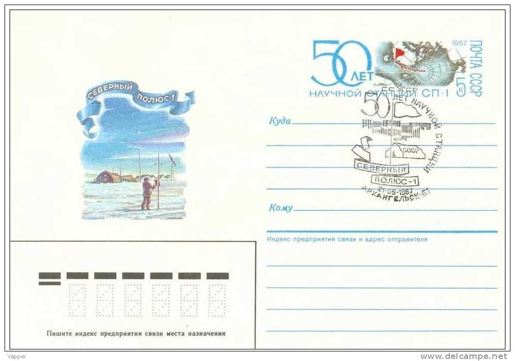 Polar Philately 1987 USSR Postmark Arhangelsk On Postal Stationary With Original Stamp 50th Anniv. Polar Station - 1 - Scientific Stations & Arctic Drifting Stations