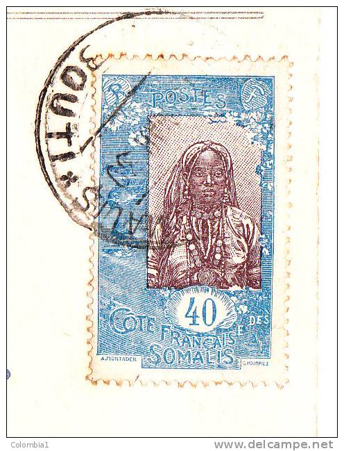 COTE DES SOMALIES Timbre Sur Carte Postale DJIBOUTI 1930 Femme Indigène - Lettres & Documents