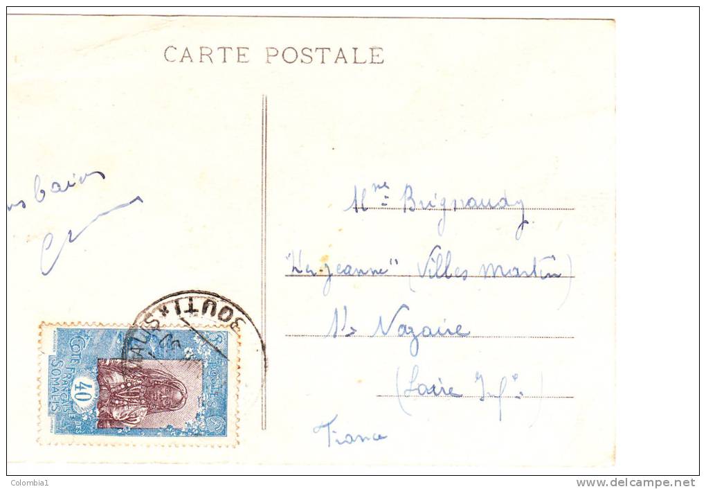 COTE DES SOMALIES Timbre Sur Carte Postale DJIBOUTI 1930 Femme Indigène - Storia Postale