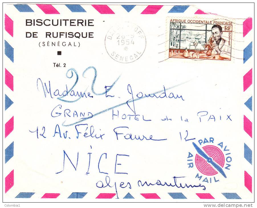 AOF Lettre Du Sénégal Du 26-9-54 Vers Nice (Biscuiterie De Rufisque) - Covers & Documents
