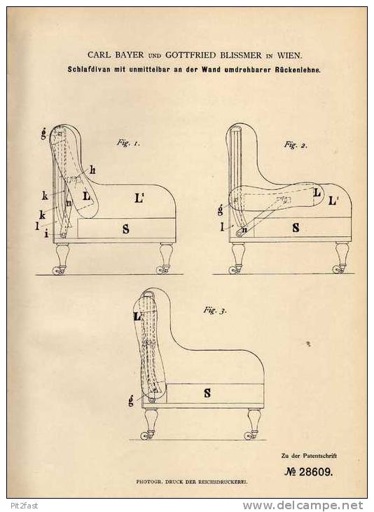Original Patentschrift - C. Bayer In Wien , 1883 , Schlafdivan , Sessel , Liege !!! - Sonstige & Ohne Zuordnung