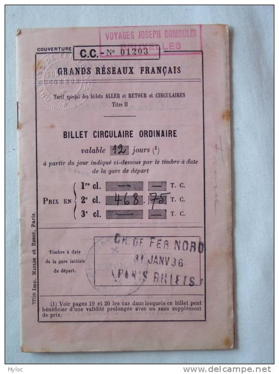 Chemin De Fer Du Nord 31 Janvier 1936. Paris Billets. Billet Circulaire Ordinaire. Trajet Feignies-Paris-Dijon-Mars Eill - Europa