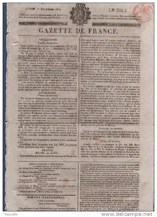 GAZETTE DE FRANCE 01 12 1817 - TUNIS - CASERNE - ACADEMIE FRANCAISE - - 1800 - 1849