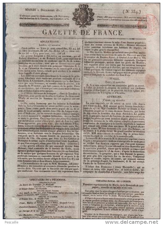 GAZETTE DE FRANCE 02 12 1817 - LONDRES - VIENNE - THEATRE ODEON - IENA - STUTTGART - ALGER - COMMISSAIRE DE POLICE JUGE - 1800 - 1849