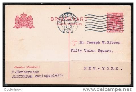 NETHERLANDS   1913 POSTAL STATIONARY CARD  (1/VIII/1913) To New York, USA - Postal Stationery