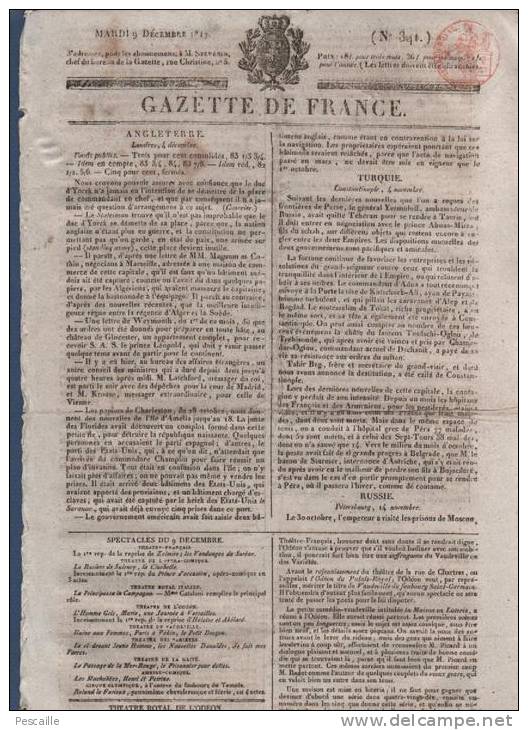 GAZETTE DE FRANCE 09 12 1817 - LONDRES - TURQUIE CONSTANTINOPLE - THEATRE ODEON - VIENNE - SUEDE RITTERHOLM - - 1800 - 1849