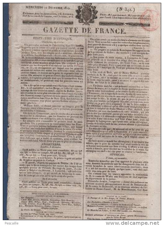 GAZETTE DE FRANCE 10 12 1817 - CHARLESTON - LONDRES - VIENNE - THEATRE FRANCAIS - POPULATION FRANCE - ACCIDENT DE MANEGE - 1800 - 1849