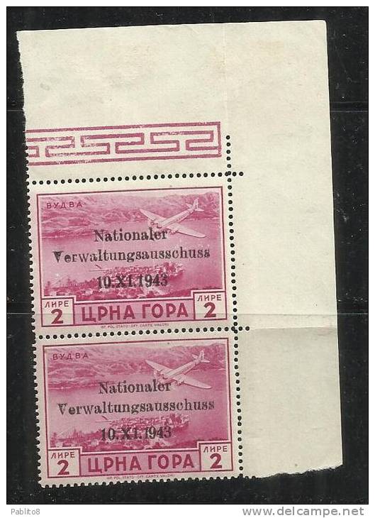 MONTENEGRO TEDESCA  CETTIGNE 1943 SERTO DELLA MONTAGNA SOPRASTAMPATO POSTA AEREA AIR MAIL 2 LIRE MNH COPPIA - Duitse Bez.: Montenegro