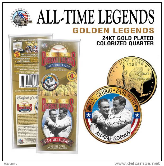 USA - BASEBALL LEGENDS * PROMO-COIN* LOU GEHRIG & BABE RUTH GOLD PLATED & COLORIZED COIN - Other & Unclassified