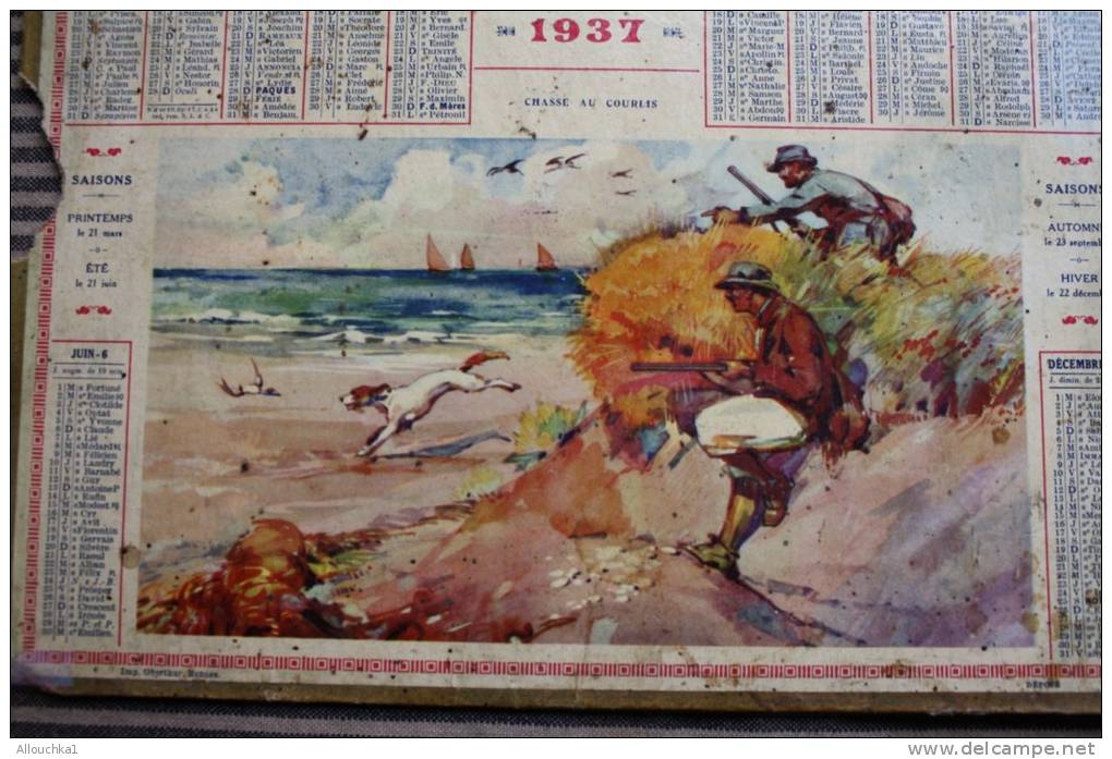 1937 Calendrier Du Var (Chasse Aux Courlis ) Grand Format Almanach Des PTT Postes Et Télégraphes - Big : 1921-40