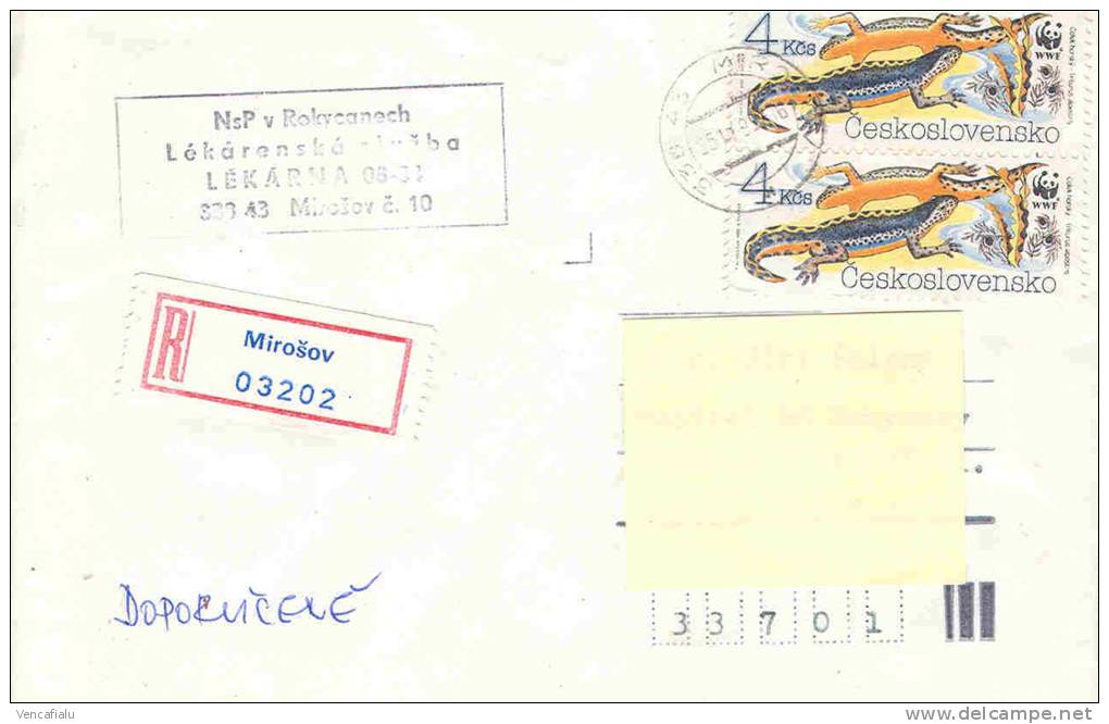 Czechoslovakia 1989 - Newt, WWF, Postage Used, Registered - Brieven En Documenten