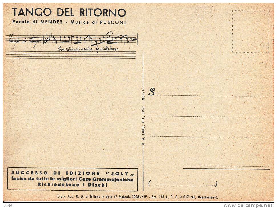 TANGO DEL RITORNO Di Mendes Rusconi NISA Edizioni Joly Milano Pubblicita' Retro Musica BELLA AUTENTIQUE 100% - Musica