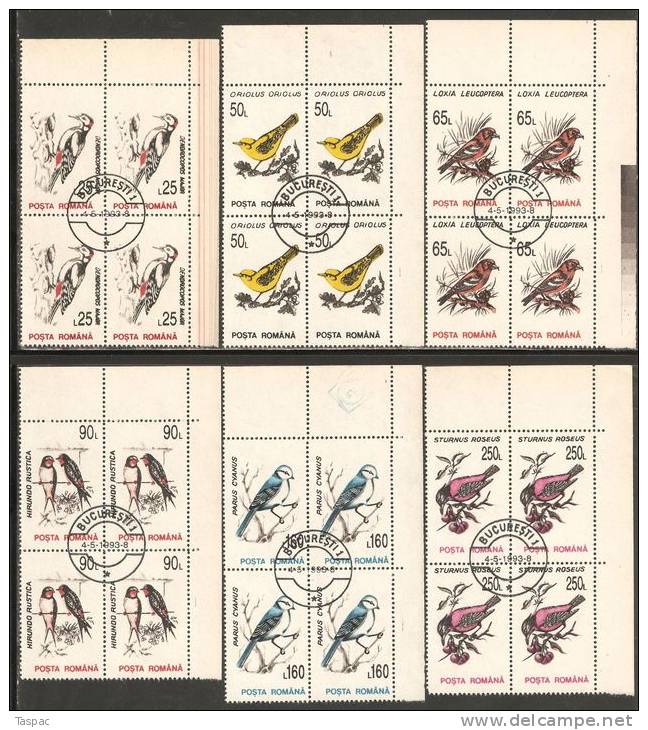 Romania 1993 Mi# 4875-4884 X Used - No Wmk. - Corner Blocks Of 4 - Birds - Usado