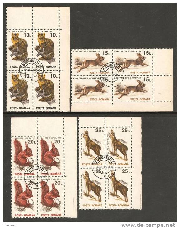 Romania 1993 Mi# 4901-4910 X Used - No Wmk. - Corner Blocks Of 4 - Animals - Used Stamps