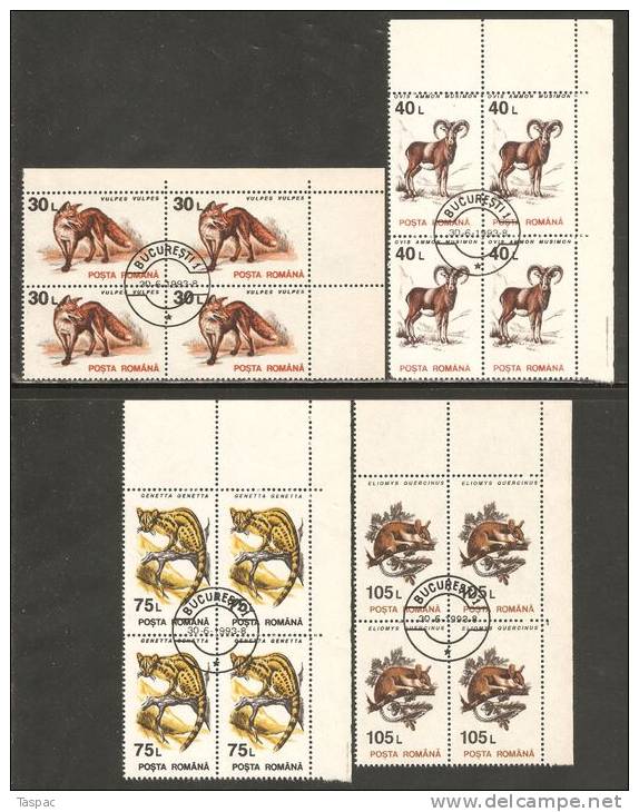 Romania 1993 Mi# 4901-4910 X Used - No Wmk. - Corner Blocks Of 4 - Animals - Used Stamps