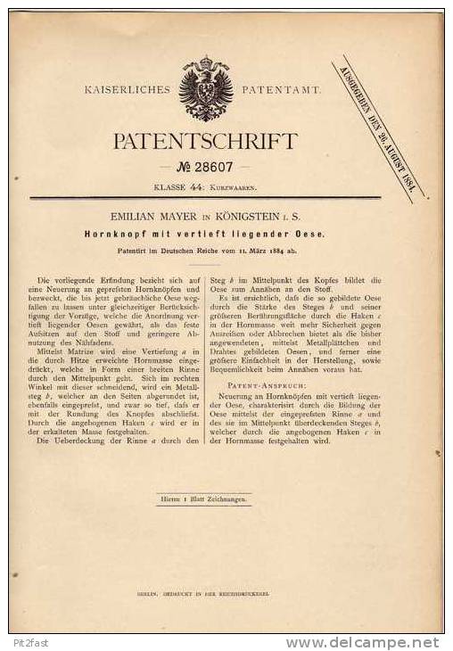 Original Patentschrift - E. Mayer In Königstein I.S., 1884 , Hornknopf Mit Vertiefter Oese !!! - Historische Dokumente