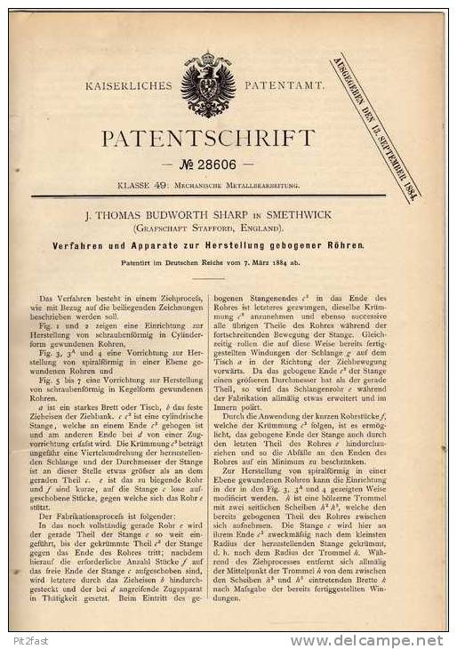 Original Patentschrift - J. Sharp In Smethwick , 1884 , Apparat Für Gebogene Röhren !!! - Tools